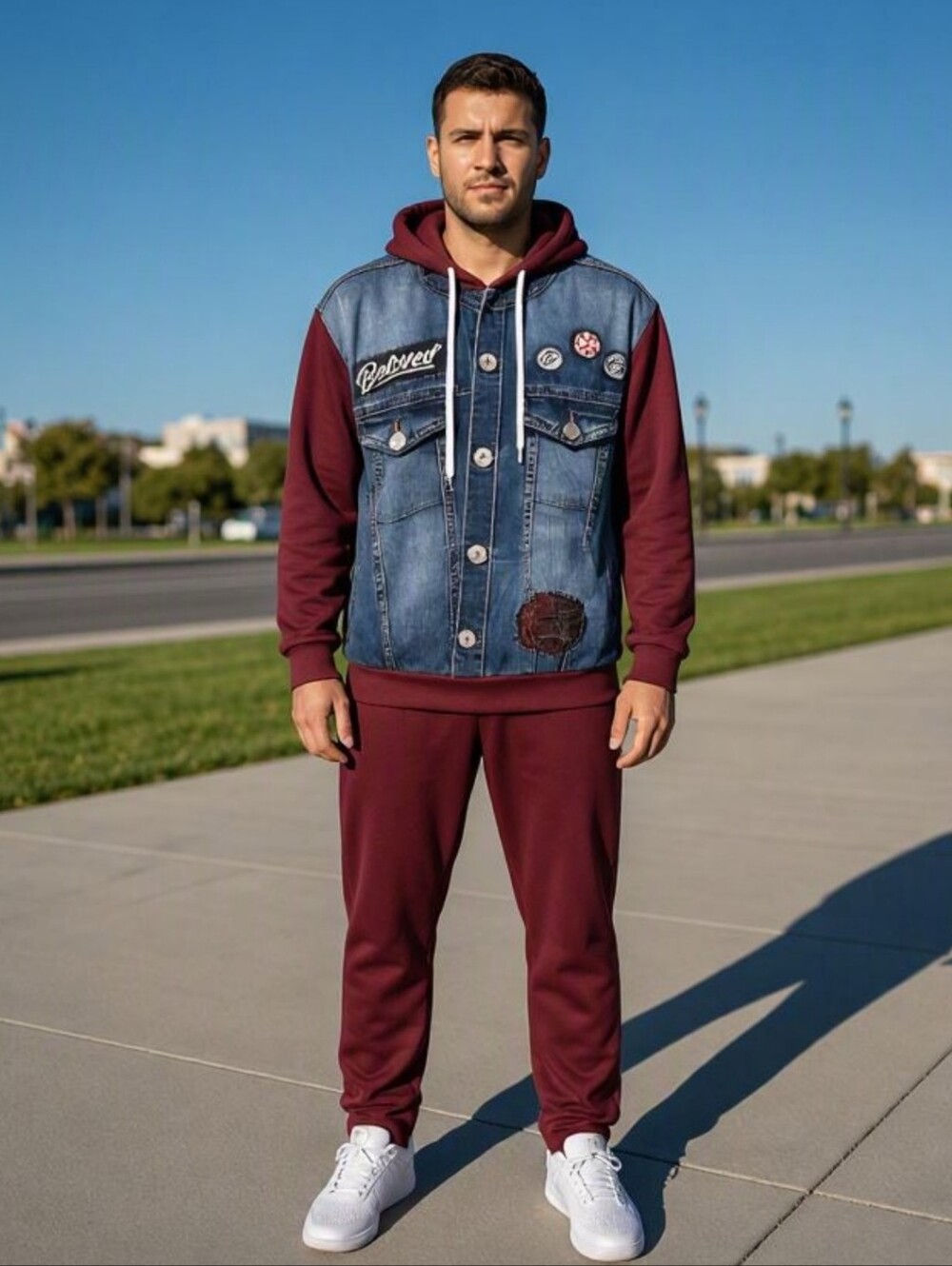 Men's 2 Piece Maroon Athleisure Set - Faux Denim Hoodie & Track Pants L